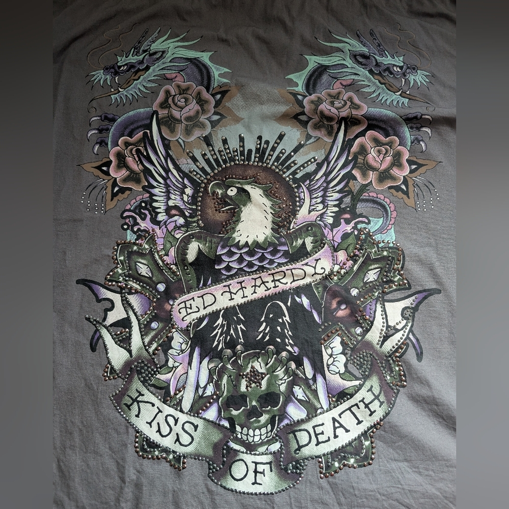 Vtg Ed Hardy Christian Audigier Floral Skull Kiss Of Death Men’s XL Grey - Picture 11 of 16